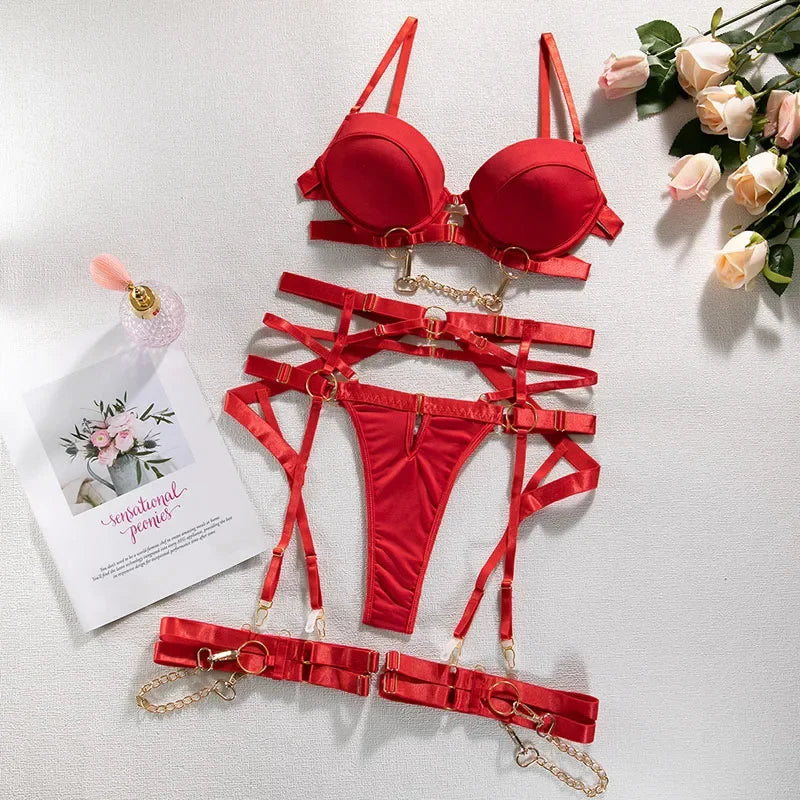 Women Lingerie Sexy Porn Underwear Halter Bra And Panty Set Luxury Garter 3 Pieces With Chain Lady Erotic Sets Sexy Outfit