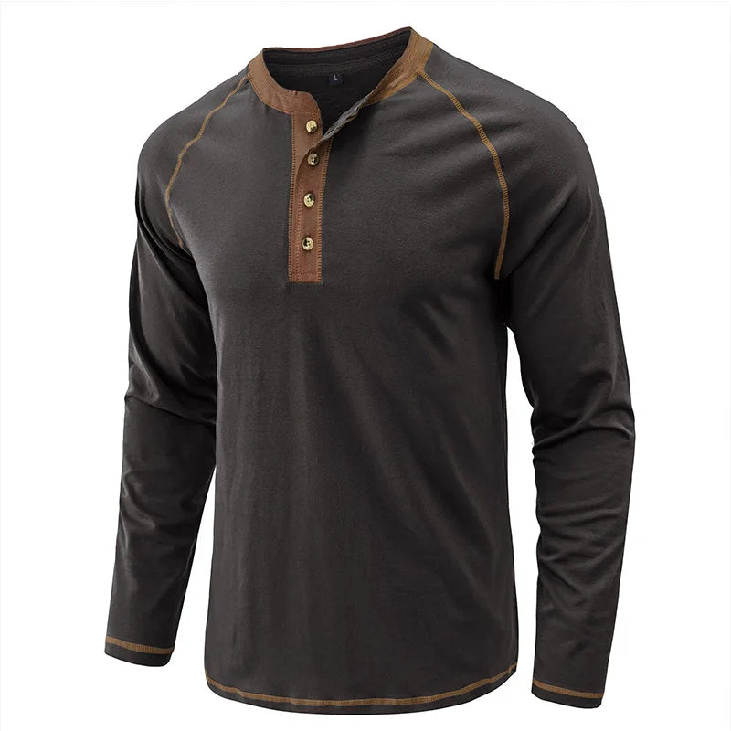 Summer  Autumn Men's American Heavy Cotton Henry Shirt  Long Sleeve Fitness Tough Guy T-Shirt Casual  T Shirt for Men Clothing