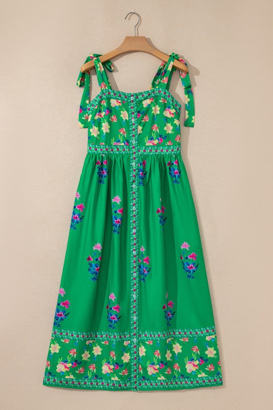Floral Contrast Trim Knotted Straps Midi Dress