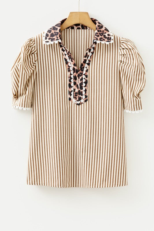 Leopard Patchwork Collared Puff Sleeve Blouse