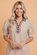 Leopard Patchwork Collared Puff Sleeve Blouse