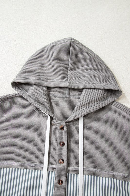 Stripe Waffle Patchwork Hooded Long Sleeve Top