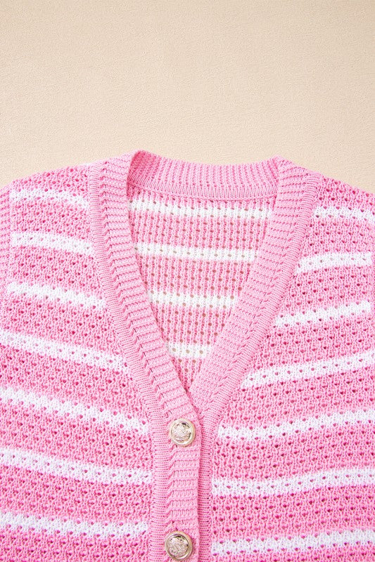 Stripe Buttoned V-Neck Sweater Knit Top