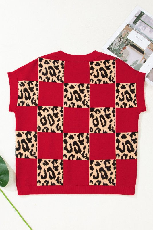 Leopard Checker Short Sleeve Knit Sweater