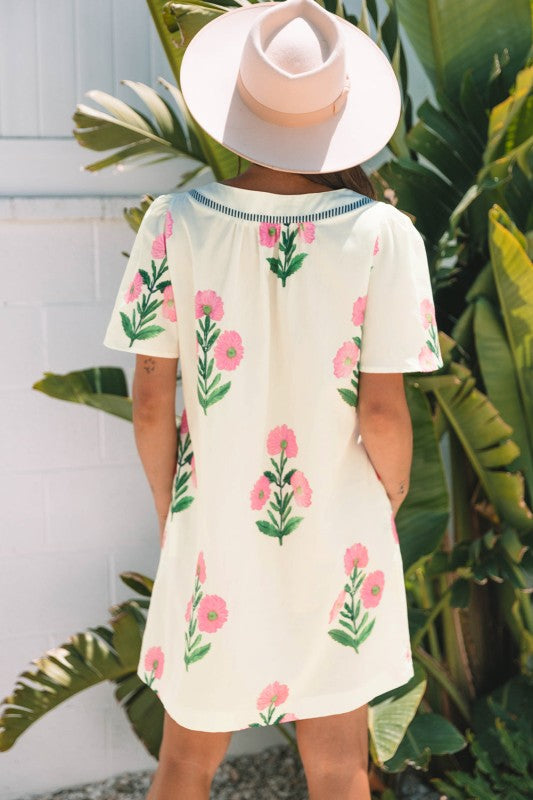 Floral Short Sleeve Split Neck Mini Dress