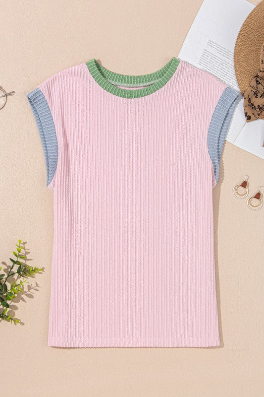 Colorblock Corded Knit Crew Neck Tee