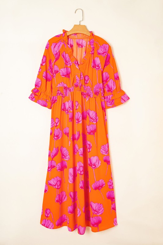 Floral Frilly Smocked V-Neck Maxi Dress