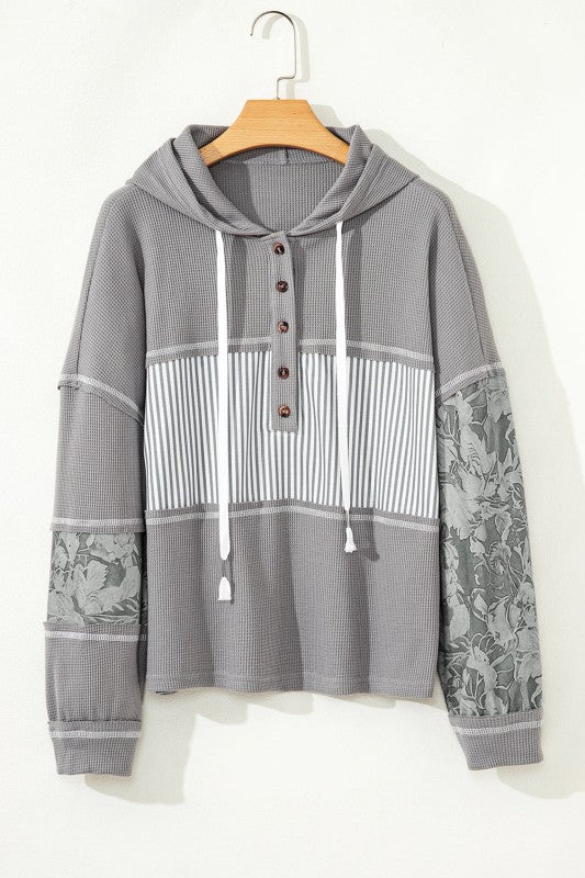Stripe Waffle Patchwork Hooded Long Sleeve Top