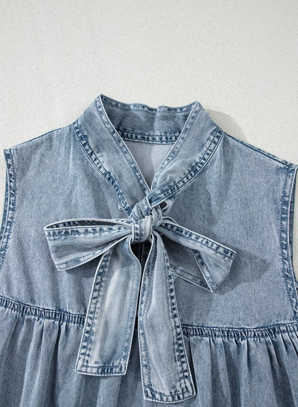 Chambray Bow Neck Sleeveless Ruffle Dress