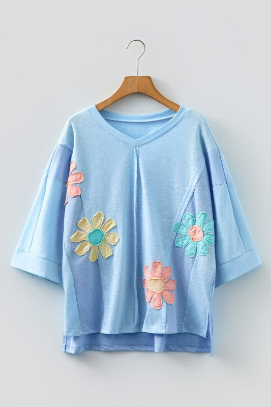 Flower Patch Exposed Seam Bracelet Sleeve T-Shirt