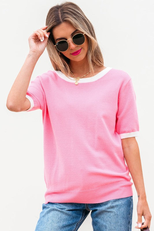Mercy Bow V-Shape Cut Back Short Sleeve Sweater
