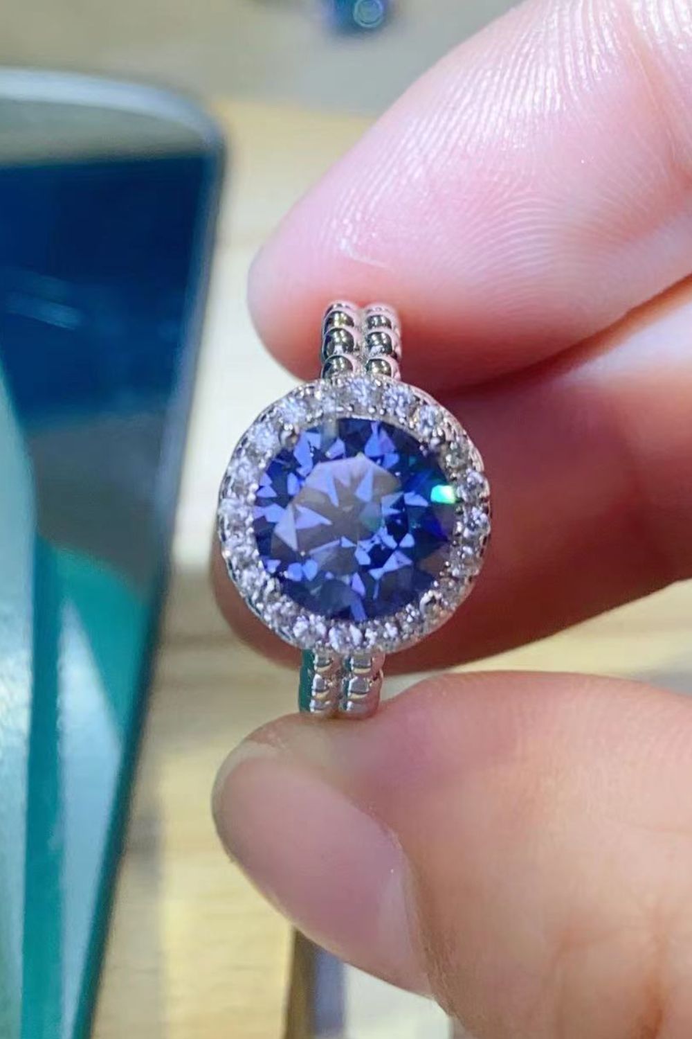 Let It Go 2 Carat Blue Blue Brilliant Round Cut Sparkala™ Halo Ring
