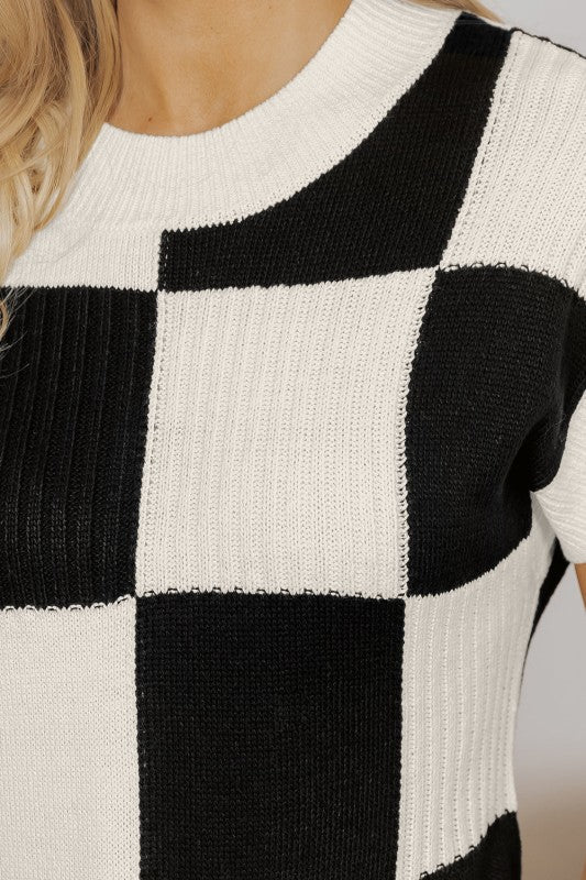 Checker Colorblock Crewneck Short Sleeve Sweater