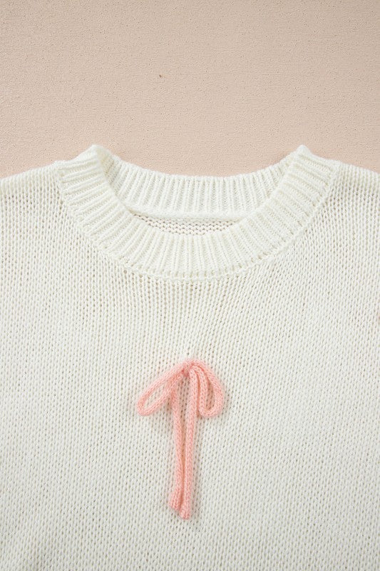 Contrast Bow Tie Short Sleeve Knit Sweater