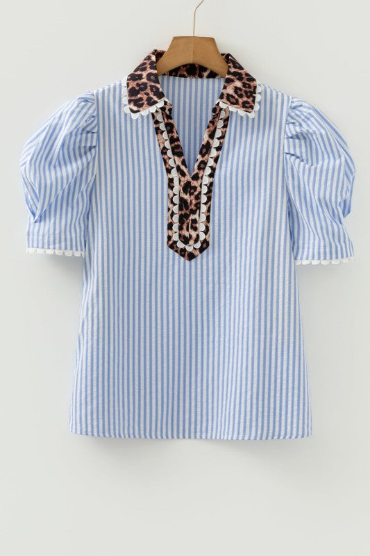 Leopard Patchwork Collared Puff Sleeve Blouse