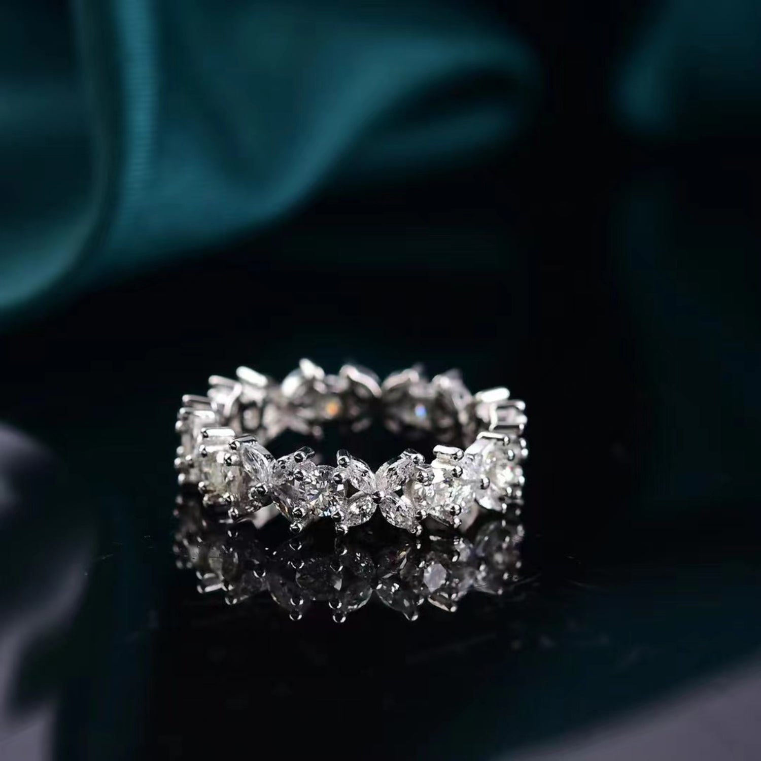 Sparkala™ Floral and Round Eternity Platinum Over Pure Sterling Silver Ring