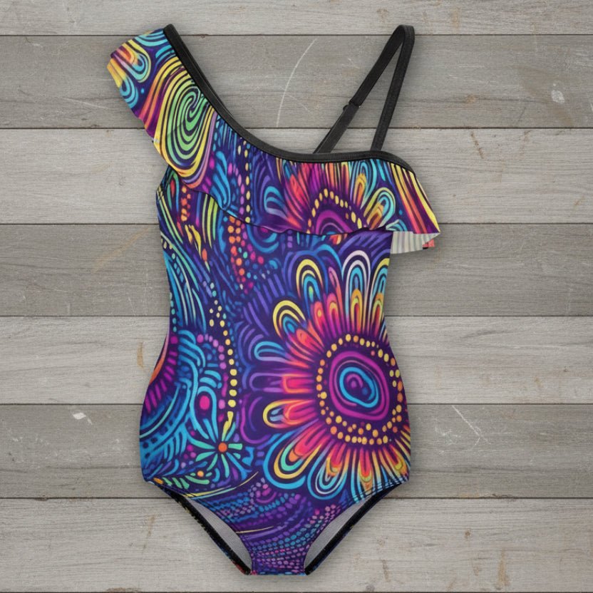 Girls Ruffled One Piece Swimsuit 🌴 Island Tribal Pattern