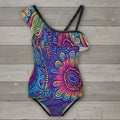 Girls Ruffled One Piece Swimsuit 🌴 Island Tribal Pattern