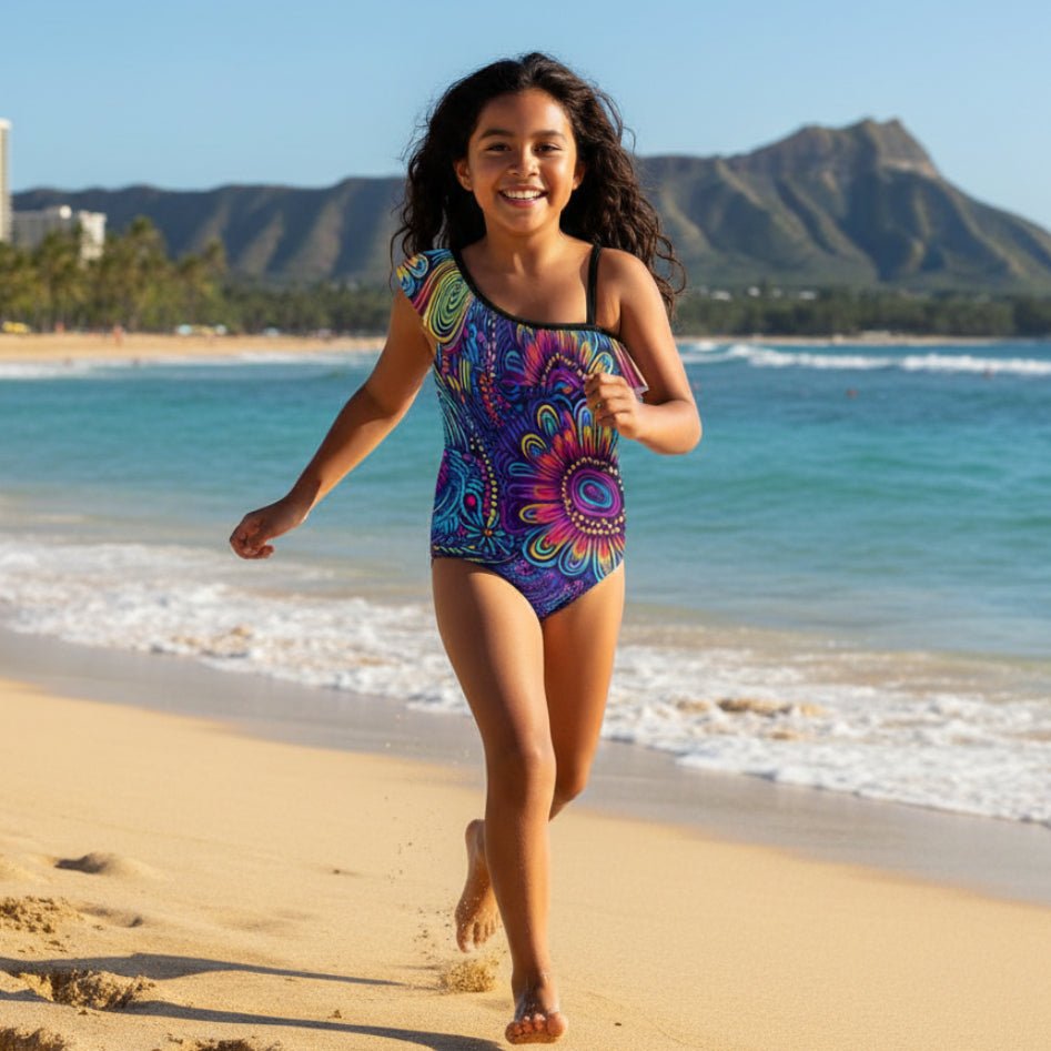 Girls Ruffled One Piece Swimsuit 🌴 Island Tribal Pattern
